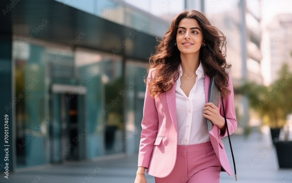 young businesswoman walking front of office