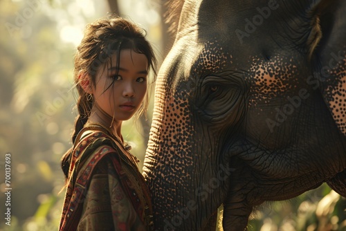 a exotic girl standing next to an elephant