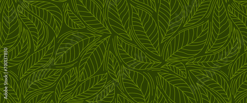 Leaves seamless pattern on green isolated background. Nature pattern design, hand drawn outline. Vector illustration for paper, cover, fabric, print, gift wrap #700137850