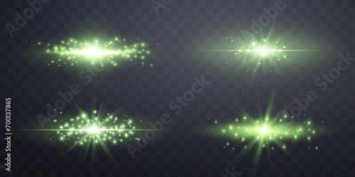 Green lens flares set. Isolated on transparent background. Sun flash with rays spotlight and bokeh. Green glow flare light effect. Vector illustration.