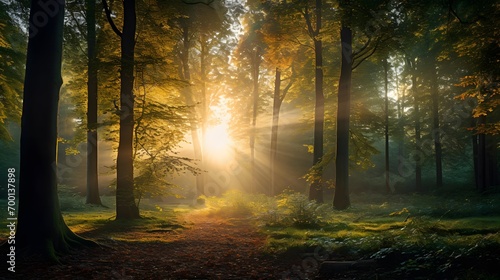 Panoramic view of a forest with sunbeams and fog