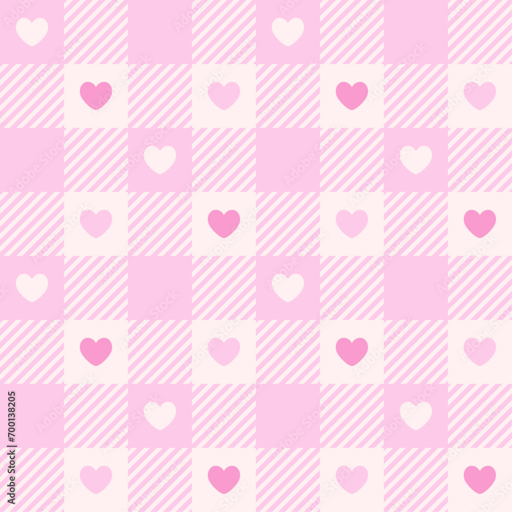 Heart gingham check plaid pattern. Valentine's Day design. Vector background. Seamless texture for print, textile, fabric.