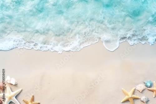 Serene beach scene with turquoise waves and scattered seashells on sand