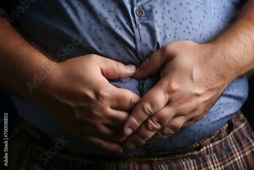 Overweight reality mans hand holds belly fat, depicting health concerns © Jawed Gfx