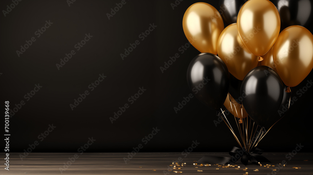Naklejka premium Dark birthday background with black and gold air balloons. Minimal festive postcard with copy space. Generative AI