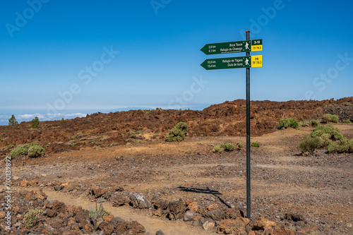 Green signpost, directing hikers in the volcanic landscape of Mount Tiede National Park, Tenerife, Spain. photo