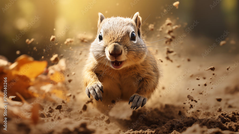 Naklejka premium Funny squirrel in slow motion. Generative AI