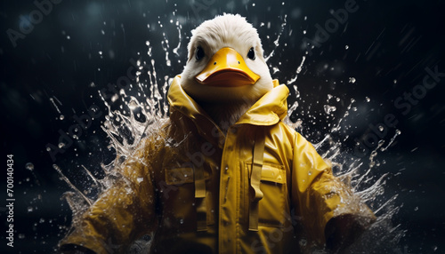 a rubber duck in a raincoat standing in the water photo