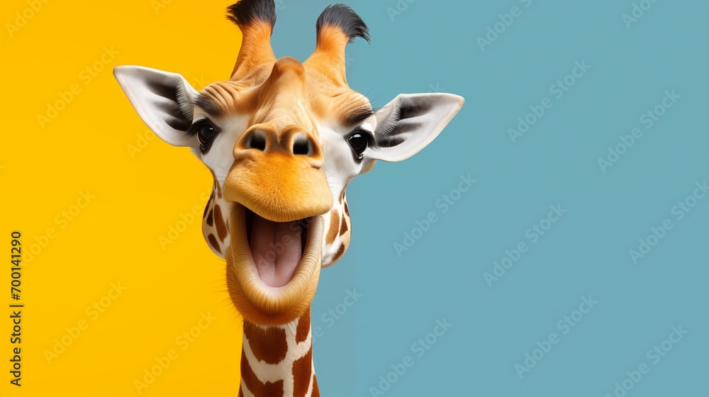 Funny smiling giraffe party animal making a silly face looking to the camera on monotone yellow blue background . Perfect for lighthearted and amusing design projects.
