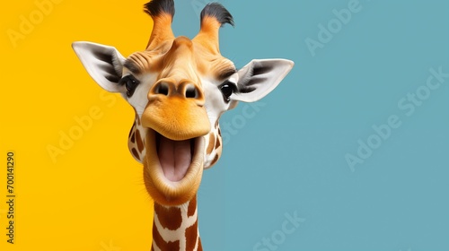 Funny smiling giraffe party animal making a silly face looking to the camera on monotone yellow blue background . Perfect for lighthearted and amusing design projects.
