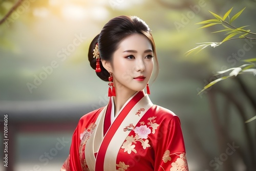 Portrait of young beautiful chinese female wearing traditional chinese clothes with space for text on the side, generative AI, background image