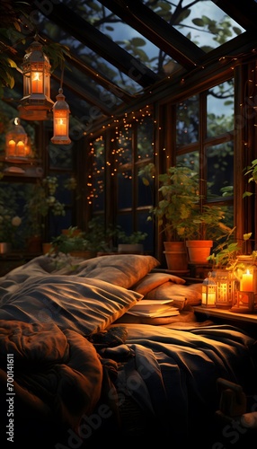 3d rendering of a cozy bedroom with a large window overlooking the garden