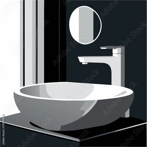 Illustration of bathroom interior with sink and faucet next to a roll of paper towels in gray shades