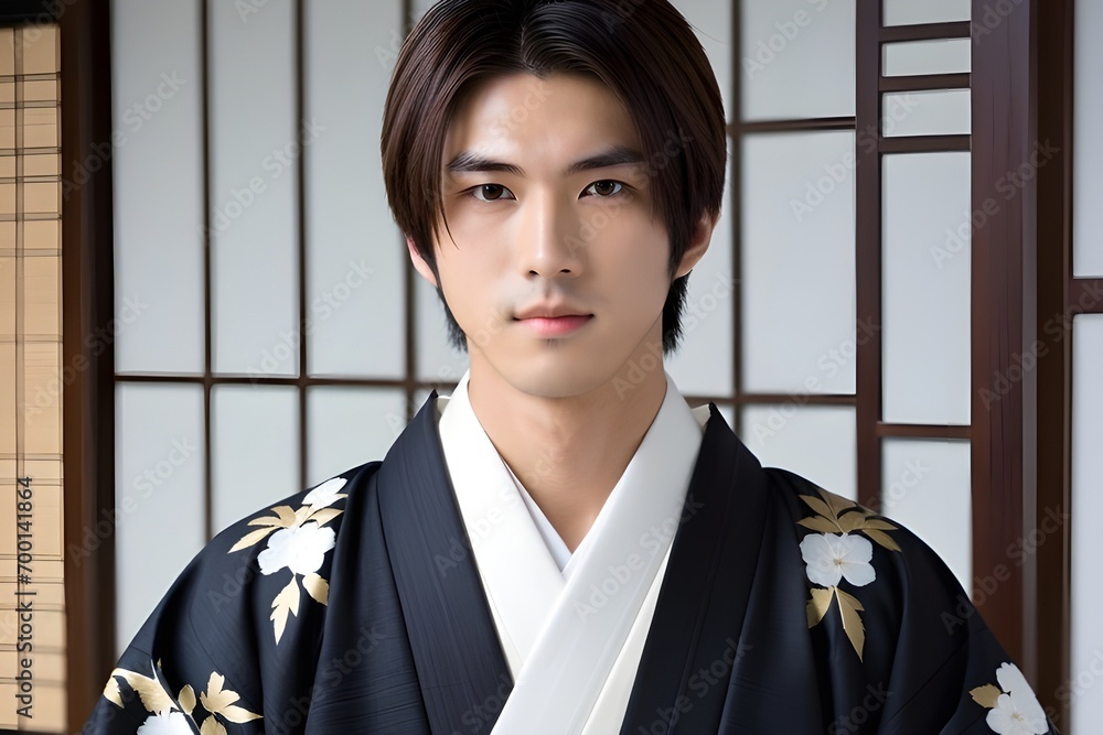 Portrait of young japanese male wearing traditional japanese clothes with space for text on the side, generative AI, background image Portrait of young japanese male wearing traditional japanese clothes with space for text on the side, generative AI, background image