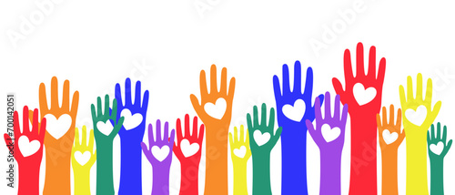 Rainbow hands with hearts, love is love, vector illustration on an isolated background. Vector illustration in support of LGBT communities
