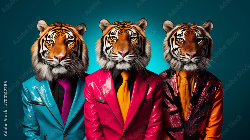 Tres tigres antropomórficos  vestidos como astros do Rock e do Pop - Papel de parede - obrazy, fototapety, plakaty 
