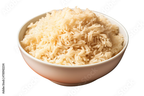 boiled long grain rice in a white bowl close-up isolated on a Transparent background. Generative AI