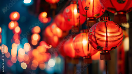 Chinese new year night decorated with illuminate red lanterns,Chinese new year background. photo