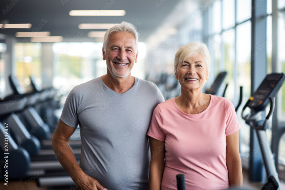 Senior couple radiating health and positivity in gym setting with exercise equipment. Active lifestyle in later years. Fitness Inspiration for Retirees Senior couple radiating health and positivity in gym setting with exercise equipment. Active lifestyle in later years. Fitness Inspiration for Retirees