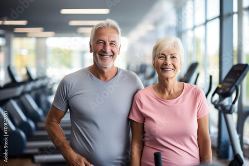 Senior couple radiating health and positivity in gym setting with exercise equipment. Active lifestyle in later years. Fitness Inspiration for Retirees