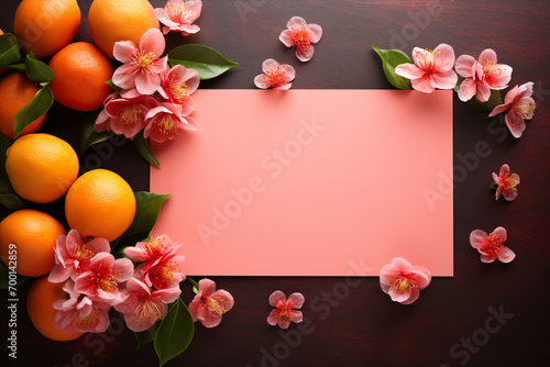 Mockup blank paper greeting card with plum blossoms flower and mandarin orange symbol of prosperity, Chinese new year background.