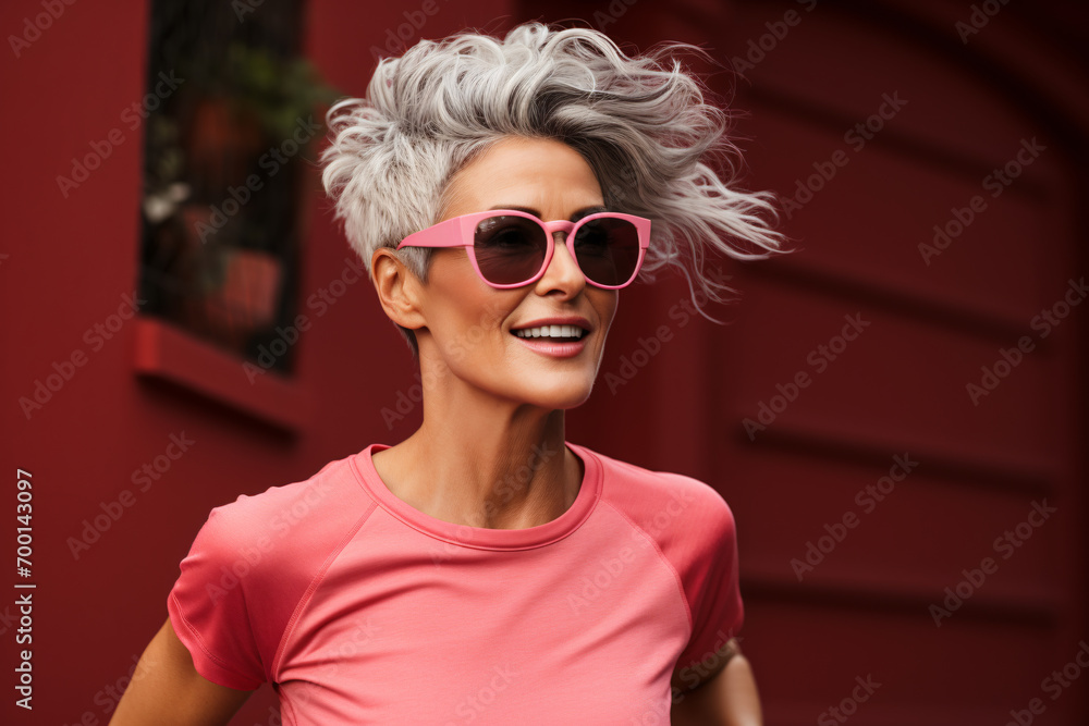 Beautiful middle aged woman wearing sunglasses and bright color trendy clothes with smile on her face, women lifestyle and fashion. Beautiful middle aged woman wearing sunglasses and bright color trendy clothes with smile on her face, women lifestyle and fashion.