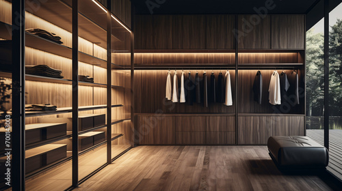 Walk in closet with luxury warm wooden wardrobe, drawer and stool with beautiful lighting, modern and minimal style dressing room interior design. photo