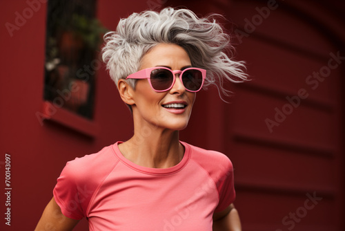 Beautiful middle aged woman wearing sunglasses and bright color trendy clothes with smile on her face, women lifestyle and fashion. © Sunday Cat Studio