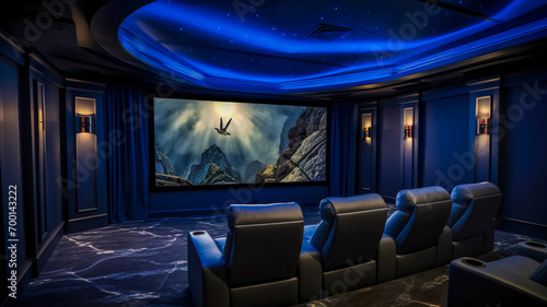 Deluxe home cinema with starry ceiling ambiance and mountain film scene