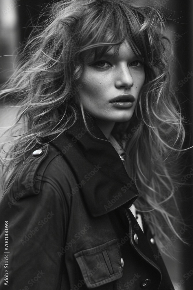 Transporting viewers to the glamorous 1970s, a supermodel graces the frame in a wide shot, captured in timeless black and white allure Transporting viewers to the glamorous 1970s, a supermodel graces the frame in a wide shot, captured in timeless black and white allure