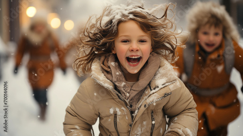 Kinder rennen lachend durch den Schnee Kind lacht in die Kamera