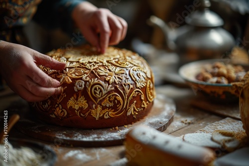 Traditional ukranian and belorussian wedding bread loaf (karavai), rustic style