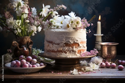 Homemade holiday cake with flowers, rustic style