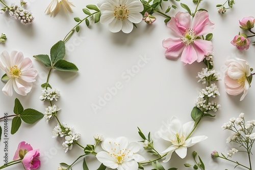 Circular arrangement of beautiful flowers on neutral surface