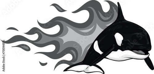 monochromatic illustration of Killer Whale with flames