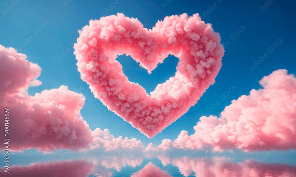 Fluffy heart shaped cloud reflecting on the water. Design for valentine's day.