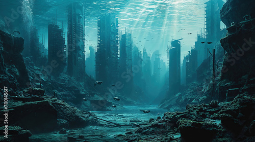 Ruins of modern city with skyscrapers sunk at bottom of sea, post apocalyptic underwater scene. photo