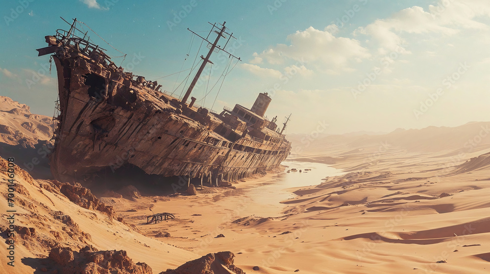 Fototapeta premium Old and rusty shipwreck sitting in middle of desert, post apocalyptic scene.