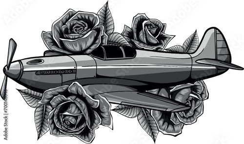 monochromatic illustration of a fighter Spitfire with roses