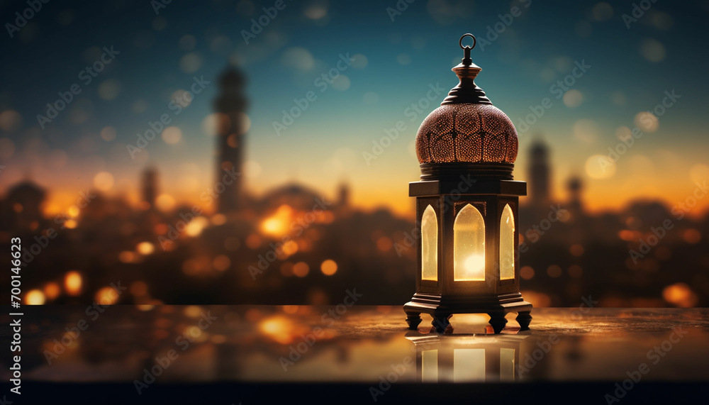 an islamic lantern with a blurred mosque in the background for al fitr and adha eid an islamic lantern with a blurred mosque in the background for al fitr and adha eid
