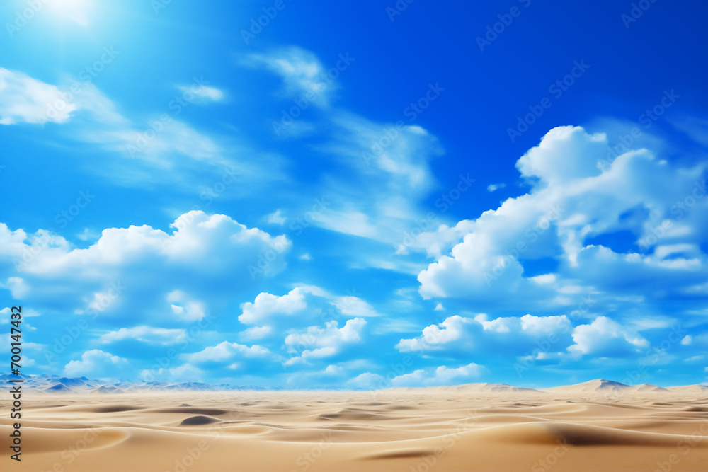 Fototapeta premium Horizontal image of a desert landscape under a bright blue sky covered with white clouds. It can be used in articles or documentaries about deserts, climate or natural landscapes.