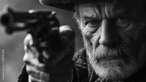 Outlaw with Gun and Hat in a Gritty Western Standoff, Portraying Tension and Drama