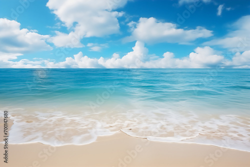 Picturesque tropical beach: bright blue sky, calm and clear sea. The white sandy beach creates an atmosphere of tranquility. Ideal for travel brochures, postcards, travel and summer themes.