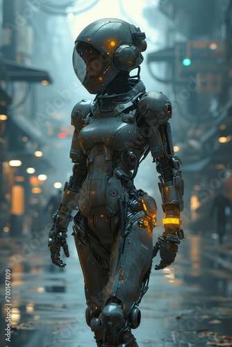 Futuristic Robot with Cyborg Features in Rainy Neon-Lit City  Embodiment of Advanced Technology