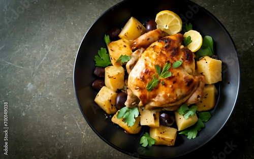 Capture the essence of Potato Olive Chicken Tajine in a mouthwatering food photography shot photo