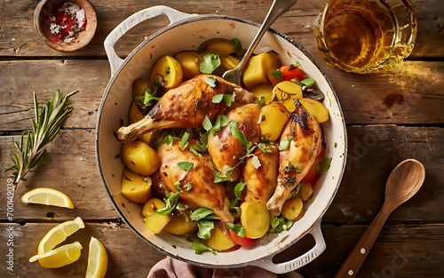 Capture the essence of Potato Olive Chicken Tajine in a mouthwatering food photography shot