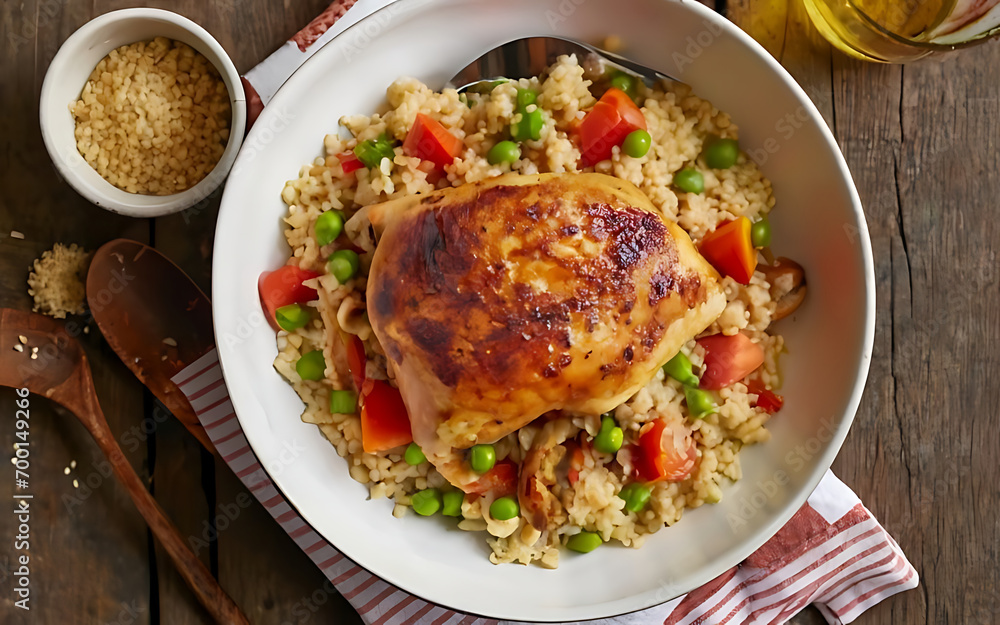 Capture the essence of Chicken Vegetable Couscous in a mouthwatering food photography shot Capture the essence of Chicken Vegetable Couscous in a mouthwatering food photography shot