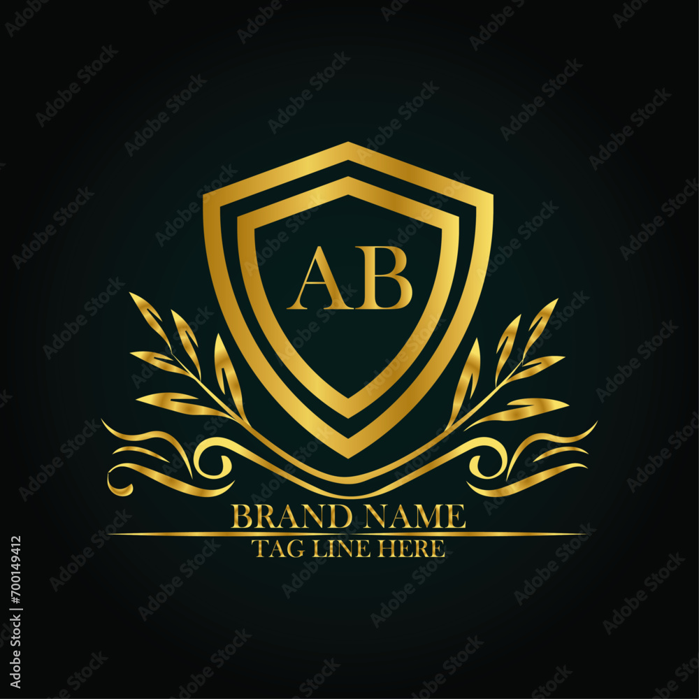 AB luxury letter logo template in gold color. Elegant gold shield icon. Modern vector Royal premium logo template vector