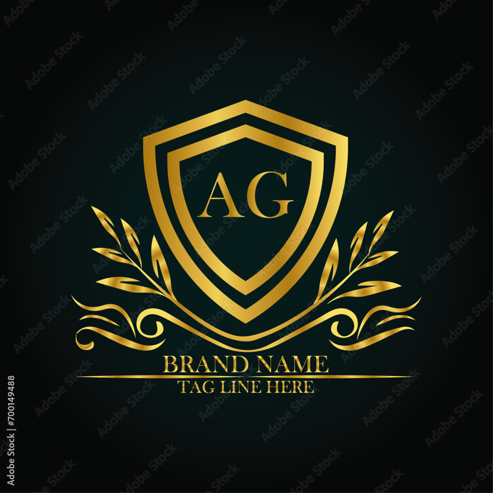 AG luxury letter logo template in gold color. Elegant gold shield icon. Modern vector Royal premium logo template vector AG luxury letter logo template in gold color. Elegant gold shield icon. Modern vector Royal premium logo template vector