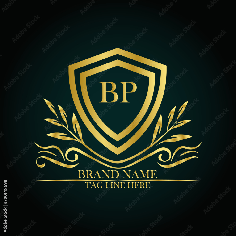 BP luxury letter logo template in gold color. Elegant gold shield icon. Modern vector Royal premium logo template vector